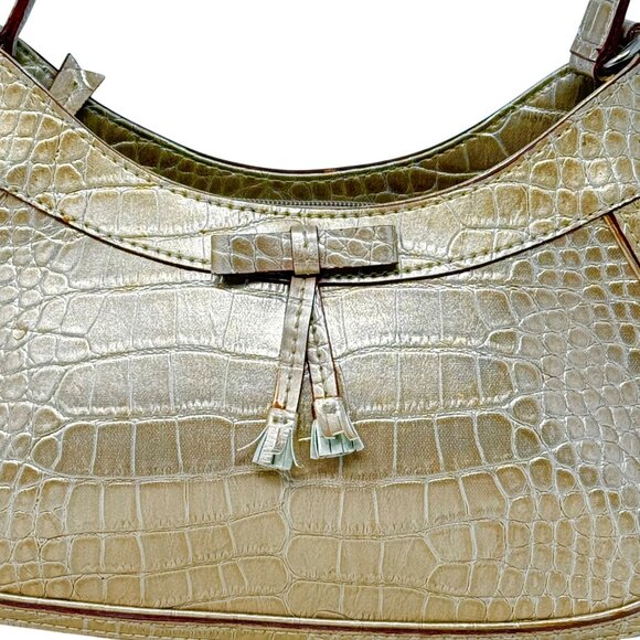 Liz Claiborne Y2K Metallic Gold Faux Croc Baguette Purse Bow Accent Single Strap - Picture 3 of 11